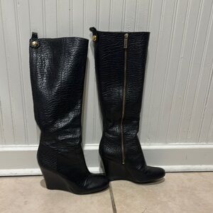 Black Leather Wedge Boots with Gold Zipper
